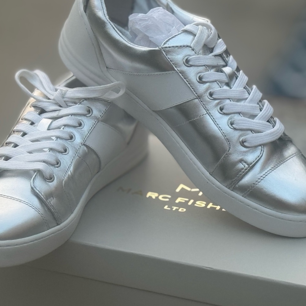 Marc Fisher Metallic Silver Sneakers NWT in box